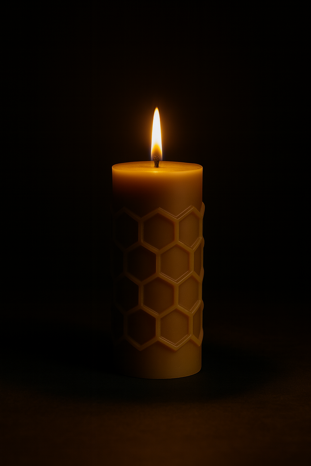 N°730, eine brennende Bienenwachskerze mit Wabenstruktur in der Dunkelheit